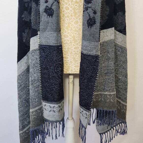 Aurora Paci Italia Blue Gray Floral Print Wool Blend Scarf Wrap Shaw Fringe City - Picture 3 of 16